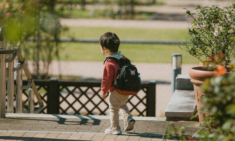 穿紅色外套、背著黑色小背包的幼兒，走在公園步道上的背影
