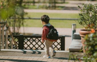穿紅色外套、背著黑色小背包的幼兒，走在公園步道上的背影